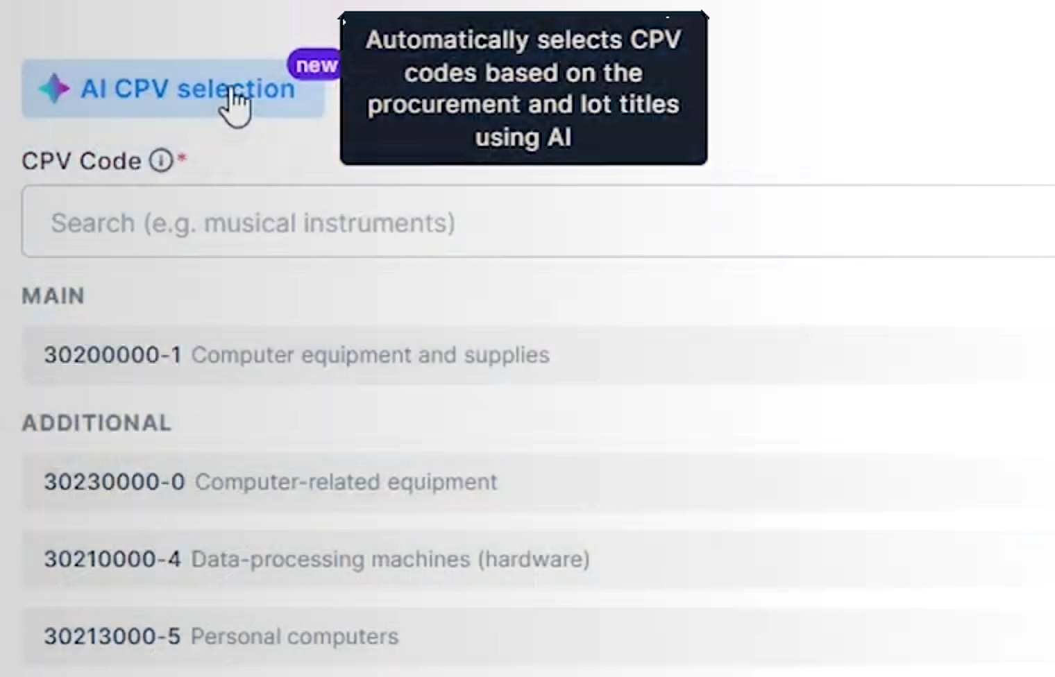AI CPV selection assigning procurement category codes