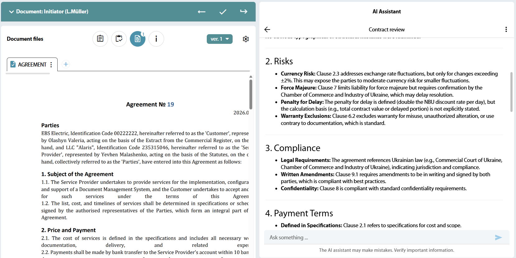 AI contract review highlighting risks, compliance and payment terms