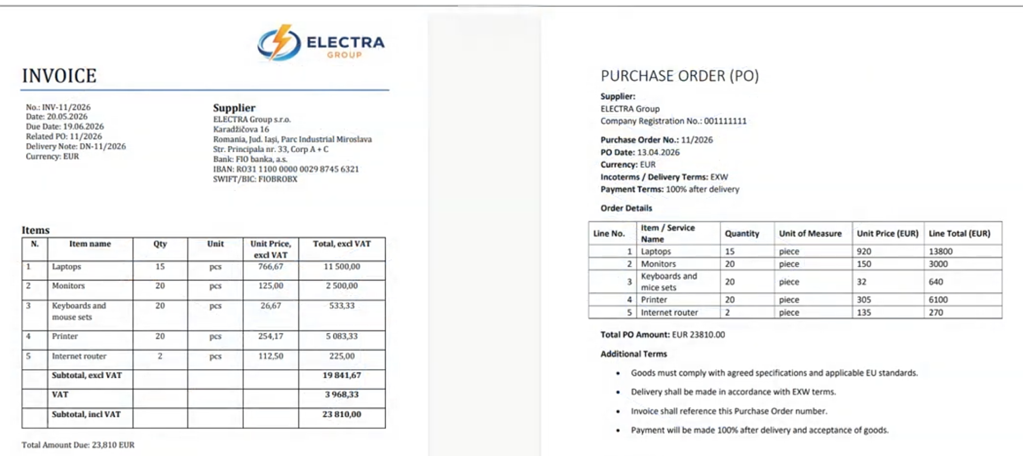 Invoice and purchase order compared side by side