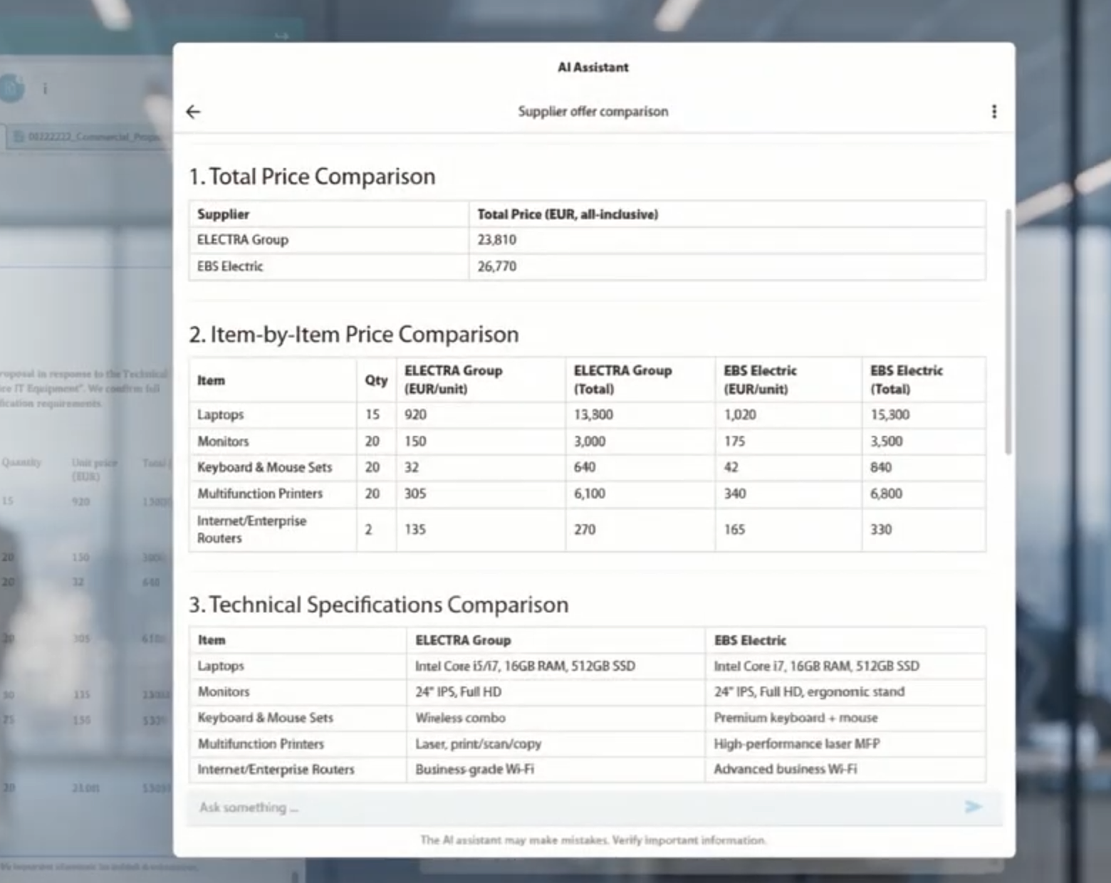 AI comparison of supplier offers by price, quantity and technical specification